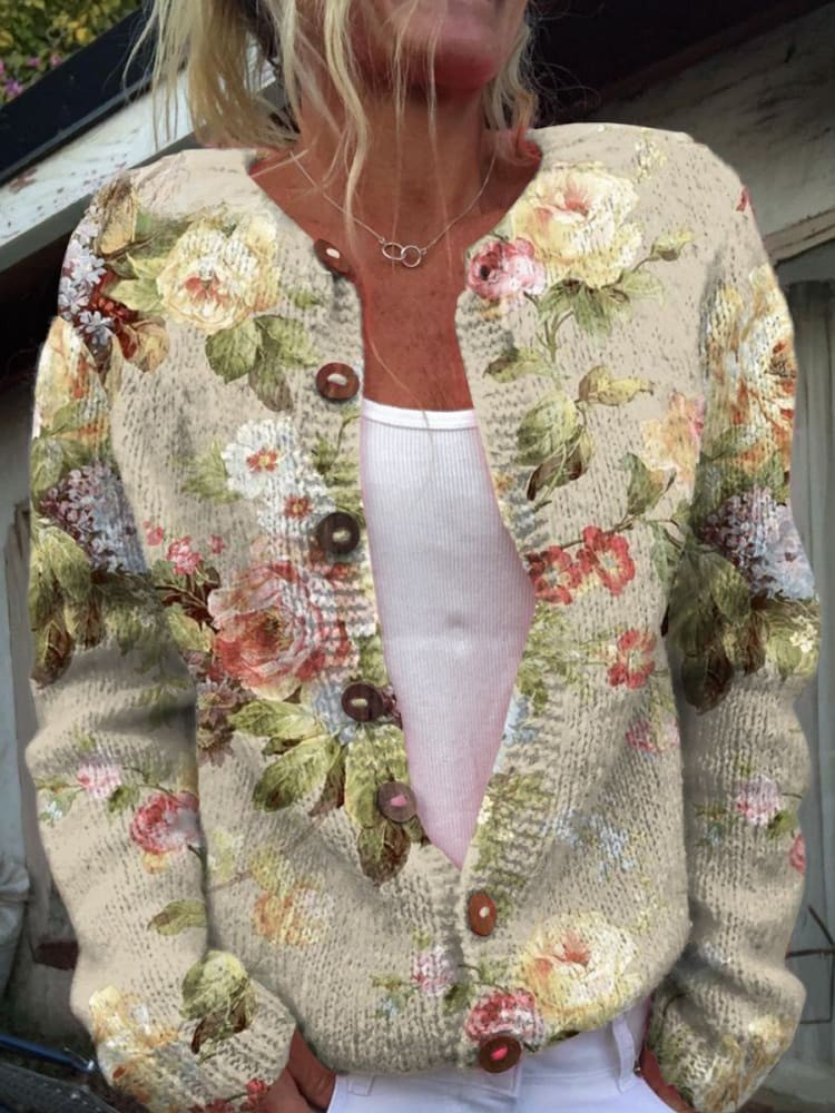 Rayna™ Retro Floral Pattern Cardigan Sweater